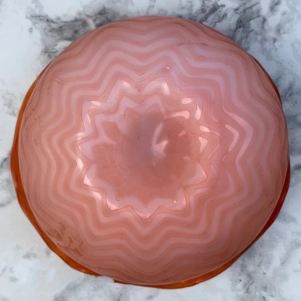 Vintage Opalescent Cased Pink Peach Art Glass Bowl Chevron Zig Zag Ruffled 5in